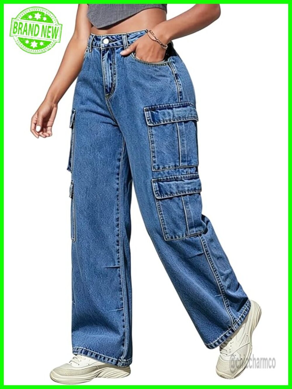 Plus Size Cargo Jeans Stretch Straight Leg High Waist Wide Leg Baggy Boyfriend